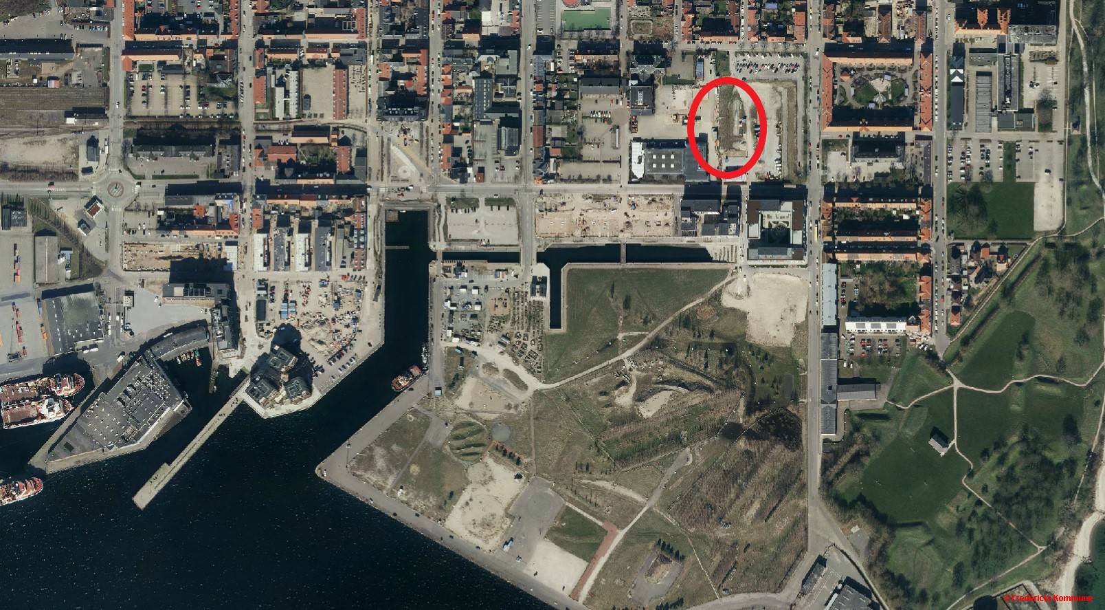 Kanalbyen Luftfoto Med Markering Af Byggefelt